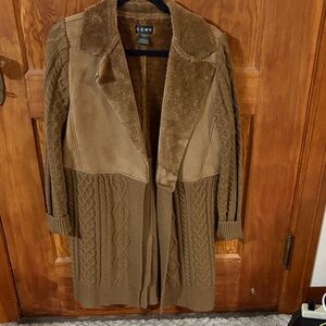 CENY Women's Faux Suede Brown Knit Cardigan